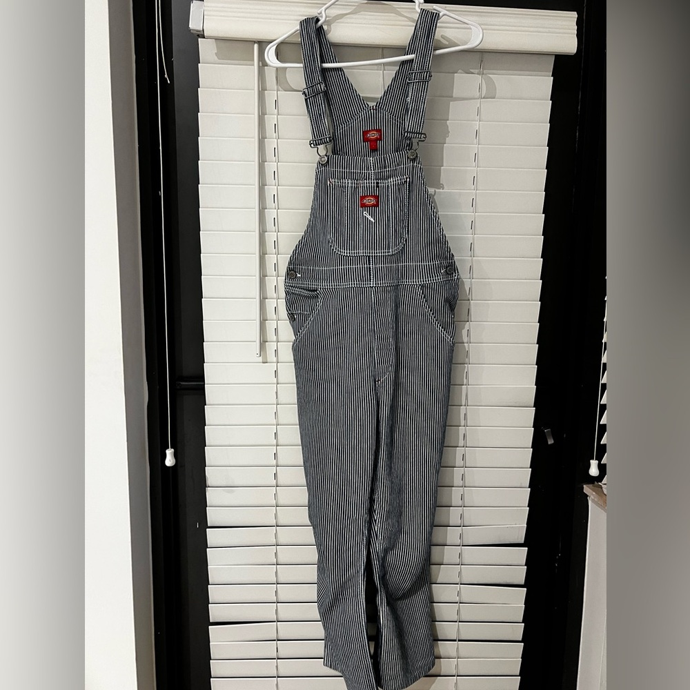 Vintage Dickies Women's Black and White Striped Overalls